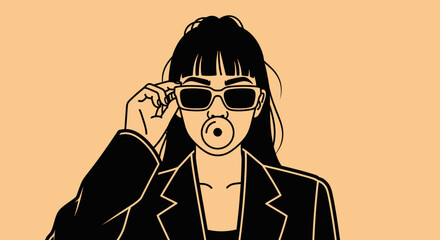Stylish young woman with sunglasses and bubblegum blowing a bubble, looking cool and confident.