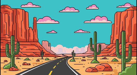 Expansive desert road leading through majestic red rock formations under a vibrant sky.