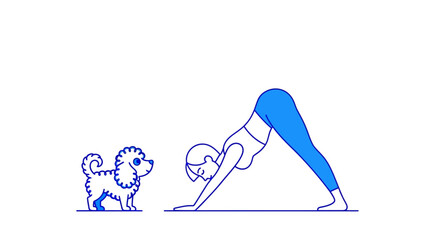 Woman practicing downward-facing dog yoga pose with her playful dog