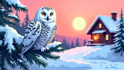 Snowy Night Owl and Small House by the Full Moon