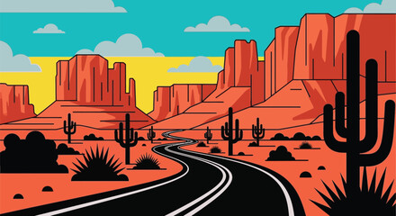 Desert landscape illustration with road and cactus vector design editable vector