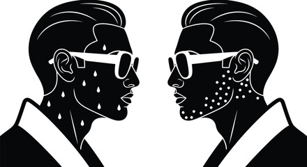 Illustration of men with sweat and beard shadow black and white editable vector