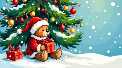 Wearing a Christmas hat, the little bear in the snow scene of the Christmas tree