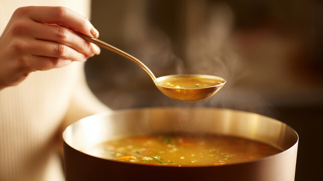 Steaming soup ladle hand holding ladle vegetable broth hot soup metal pot golden ladle kitchen scene comfort food