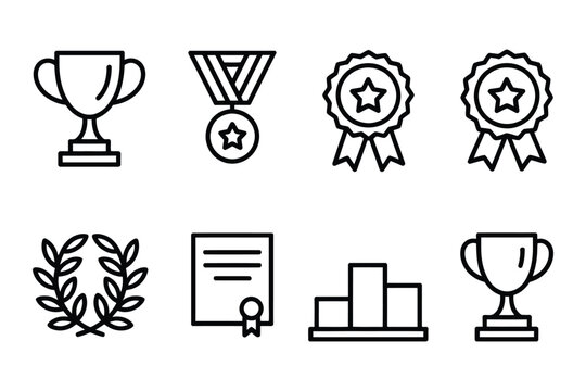 Award Icon Set of Trophies, Medals, Ribbons, Stars, Laurels, Certificates, Podiums for Websites, Mobile Apps, Presentations, Event Branding, Print Materials, and Marketing Design.