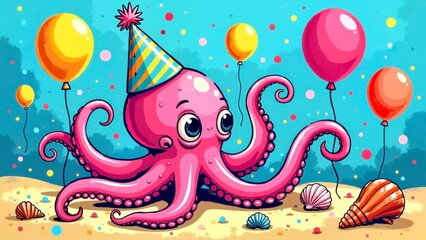 Pink octopus wearing hat celebrating birthday balloon shell picture