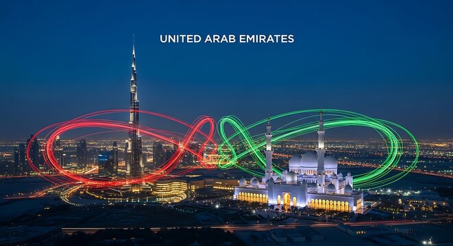 Dubai and Abu Dhabi Nightscape: Burj Khalifa & Sheikh Zayed Mosque with Light Trails