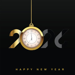 Luxury Happy New Year 2026 logo with golden clock ornament. Vector