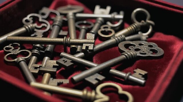 A mysterious collection of antique skeleton keys with ornate designs scattered on a luxurious red velvet surface