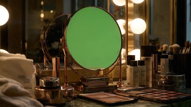 Glamorous makeup vanity scene with illuminated mirror, cosmetics, and brushes, perfect for beauty tutorials and lifestyle content, ideal for makeup artists