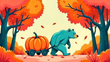 Manga style Autumn Forest animal illustration scene