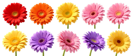 Realistic gerbera flower set with colorful variations isolated on clean transparent background, modern floral element collection
