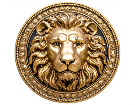A luxurious golden lion head ornament featuring a majestic mane, presented as a classical bas-relief medallion isolated on a white background - Powered by Adobe