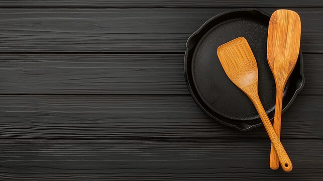 Cast iron skillet with wooden spatula and spoon on dark wood background, rustic kitchen utensils evoking cozy cooking mood