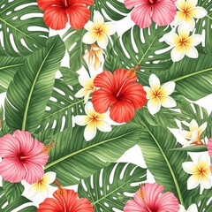 Lush Tropical Seamless Pattern with Vibrant Red & Pink Hibiscus, Plumeria, and Monstera Leaves on White.