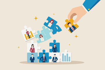 Hand placing a puzzle piece with a businessman into a team building concept illustration