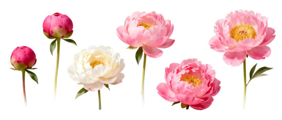 Realistic peony flower set with multiple bloom stages isolated on clean transparent background, elegant pink floral element collection
