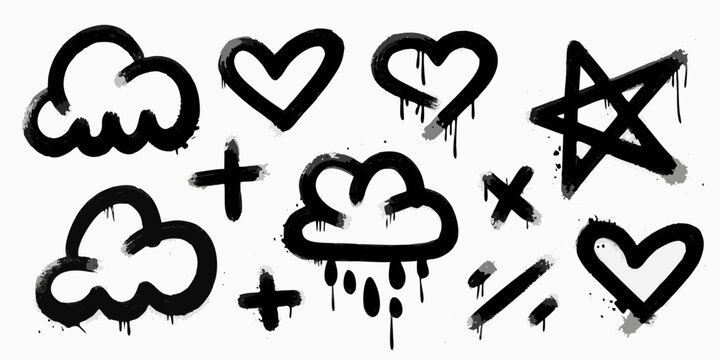 Collection of black graffiti style hand drawn icons including clouds hearts stars crosses and plus signs with dripping paint effect