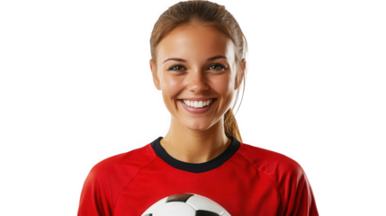 A smiling woman in a red shirt holding a soccer ball against a black background portrait shot closeup on transparent background