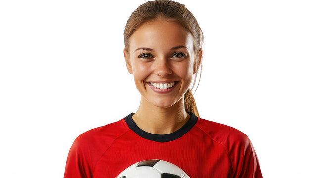 A smiling woman in a red shirt holding a soccer ball against a black background portrait shot closeup on transparent background