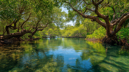 Fototapeta premium mangrove trees by tropical coastline, crystal clear water reflections, vibrant green foliage