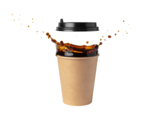 A coffee cup with splashes of liquid, showcasing an energetic and dynamic effect.