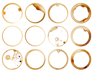 A collection of circular stains, showcasing various patterns and textures, likely created by coffee or similar liquid.