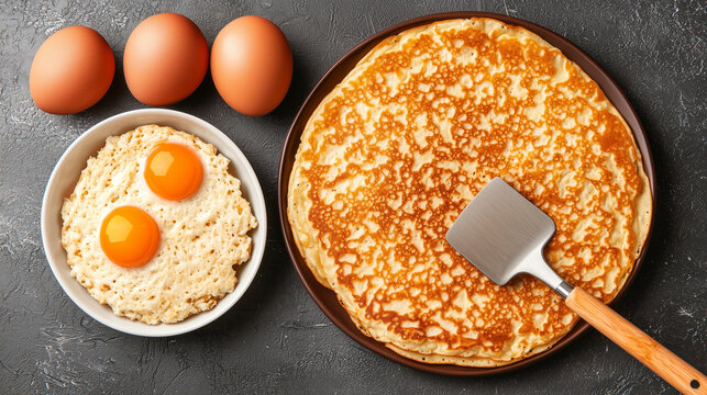Golden pancake on plate with spatula and eggs in bowl and shell eggs on countertop, warm homemade breakfast and inviting texture