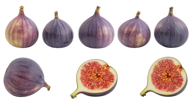 A collection of figs in various shapes and a sliced fig showcasing its vibrant interior.