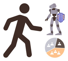 Human silhouette facing a robot holding a shield, complemented by a diagram symbolizing teamwork. Ideal for AI ethics, automation, human-robot balance, future workforce, technological progress, group