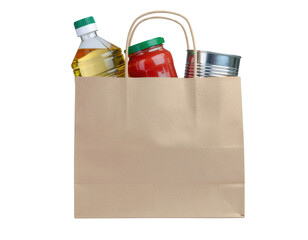A brown paper bag filled with assorted grocery items including bottles and cans.