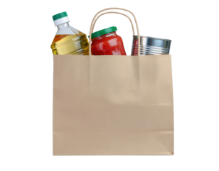 A brown paper bag filled with assorted grocery items including bottles and cans.