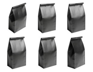 The image showcases multiple black paper bags, featuring a fold-over top, arranged in a grid pattern.