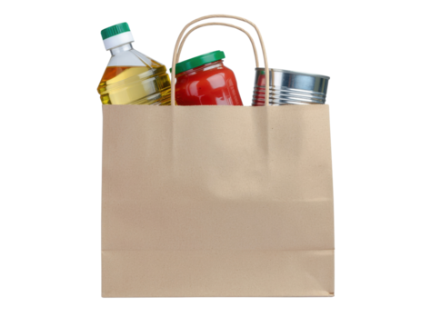A brown paper bag filled with assorted grocery items including bottles and cans.