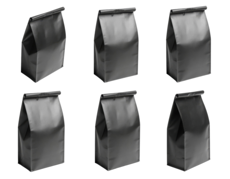 The image showcases multiple black paper bags, featuring a fold-over top, arranged in a grid pattern.