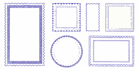Collection of hand drawn blue postage stamp frames and borders with decorative edges