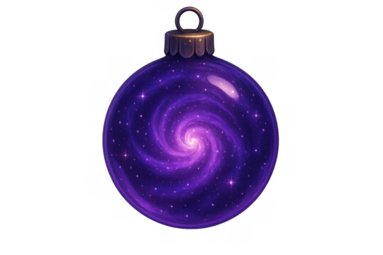 Christmas bauble embodying a spiral purple galaxy with stars and cosmic dust, transparent background