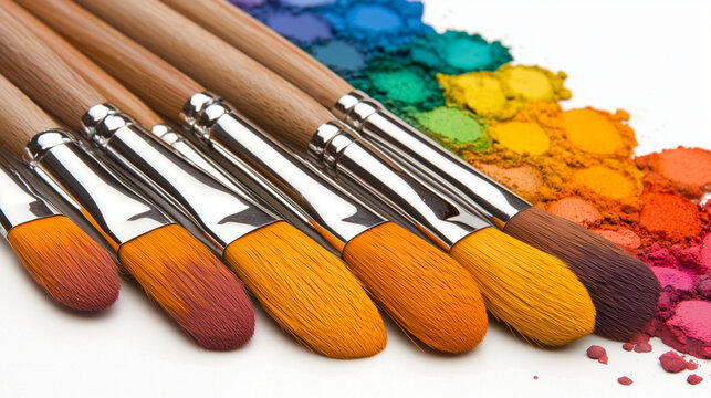 Paintbrush bristles in warm tones with rainbow powdered pigments and wooden handles evoking creative joy and artistic play