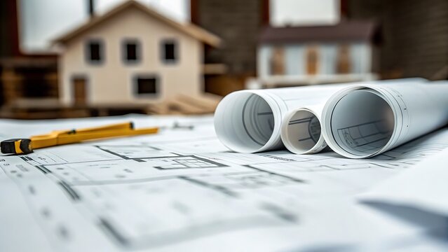 Architectural blueprints with house models and compass on table showing design and construction plans