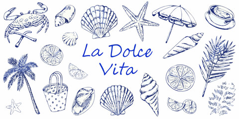 La dolce vita italian summer lifestyle collection with beach elements and citrus fruits