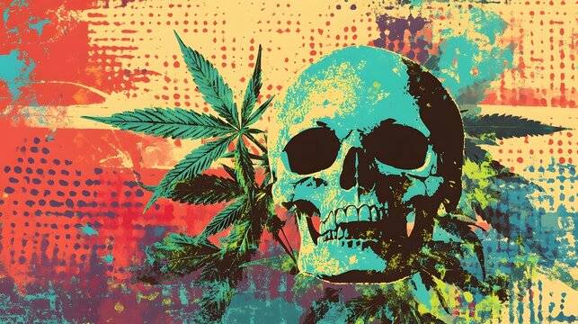 Vibrant Skull Silhouette with Cannabis Leaf against Retro Psychedelic Abstract Background