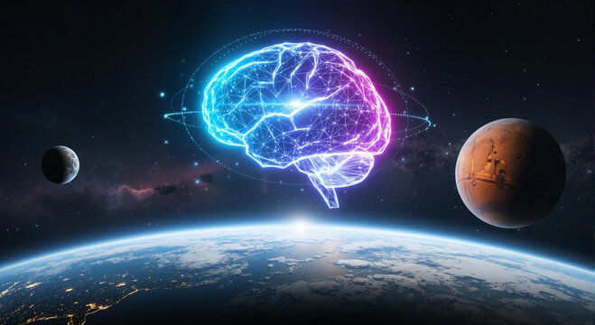 Neon Brain Overlooking Planets - Powered by Adobe