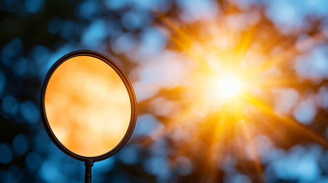 Mirror reflection sunburst with warm bokeh light, circular mirror reflecting golden sky, contrast of blue background and radiant sunlight