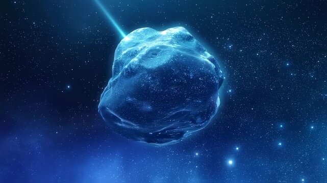 A glowing, textured asteroid in deep space, bathed in blue light, with a stellar backdrop