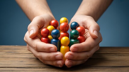 Protecting a diverse community of colorful people figures held in caring hands
