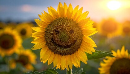 Obraz premium A smiling sunflower winks in a field under a sunny sky with other sunflowers out of focus in the background