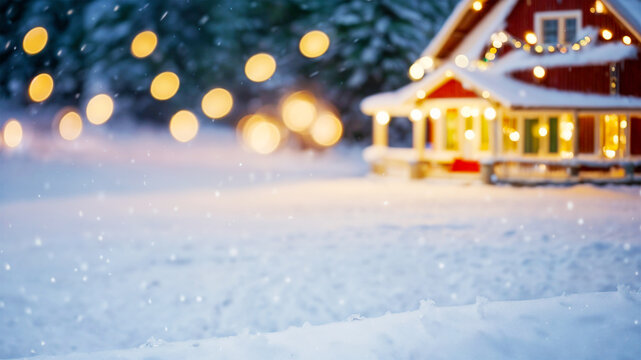 Une image de fond d'une maison enneig&eacute;e dans un d&eacute;cor de no&euml;l scintillant avec des sapins, de la neige, et une ambiance de f&ecirc;tes de fin d'ann&eacute;e