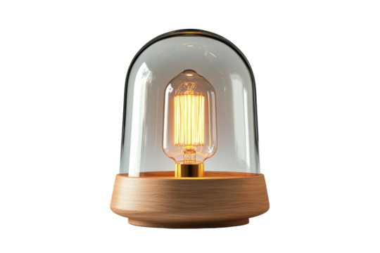 Glass dome Edison lamp on wooden base  
