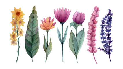 Watercolor Floral Botanical Illustration Vector Art Set