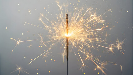 Brilliant golden sparkler igniting a festive celebration atmosphere against a smooth neutral gray background.